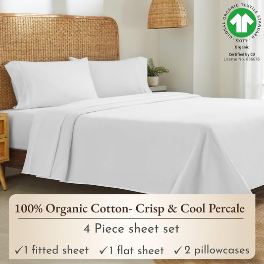 California Design Den 100% Organic Cotton Sheets - GOTS Certified Queen Bed Sheet Set, White
